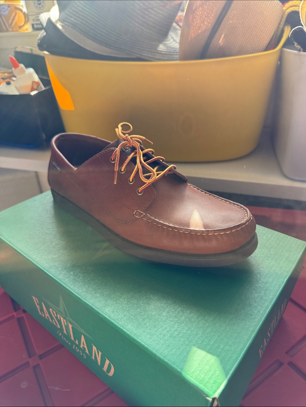 Eastland Men's Brown Leather Moc Toe Slip-On with Tan Laces